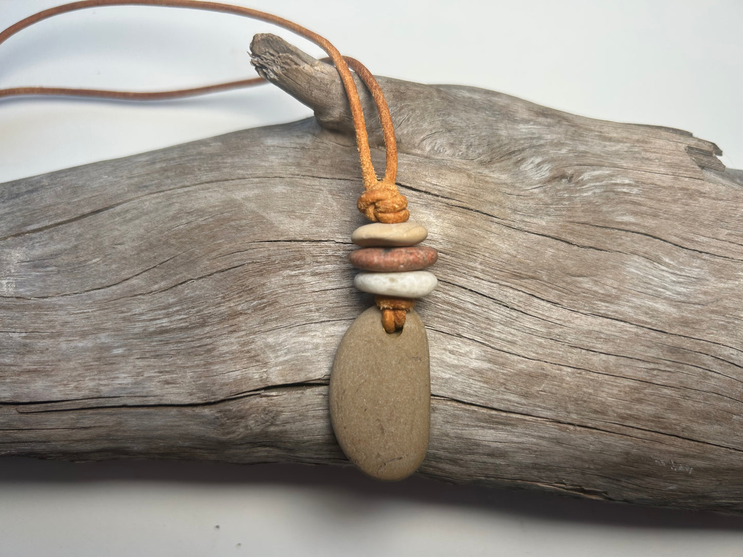 Lake Superior Genuine Leather Flat Cairn Stone Pebble Zen Boho Adjustable Necklace