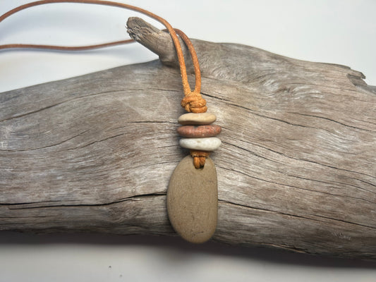 Lake Superior Genuine Leather Flat Cairn Stone Pebble Zen Boho Adjustable Necklace