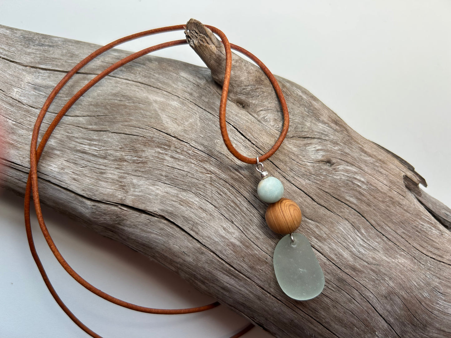 Genuine Sea Glass Lake Superior 24” Amazonite Pendant Genuine Leather Boho Zen Necklace