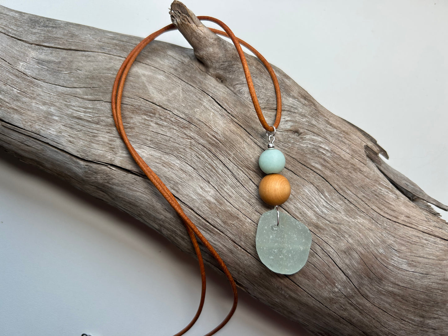 Genuine Sea Glass Lake Superior 24” Amazonite Pendant Genuine Leather Boho Zen Necklace