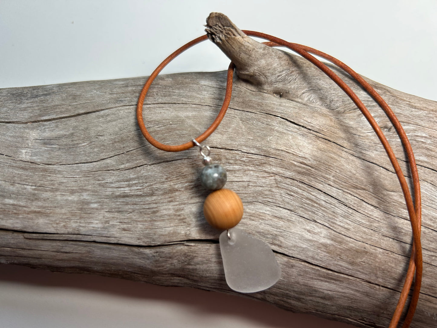Genuine Sea Glass Lake Superior 24” Yooperlite UV Pendant Genuine Leather Boho Zen Necklace