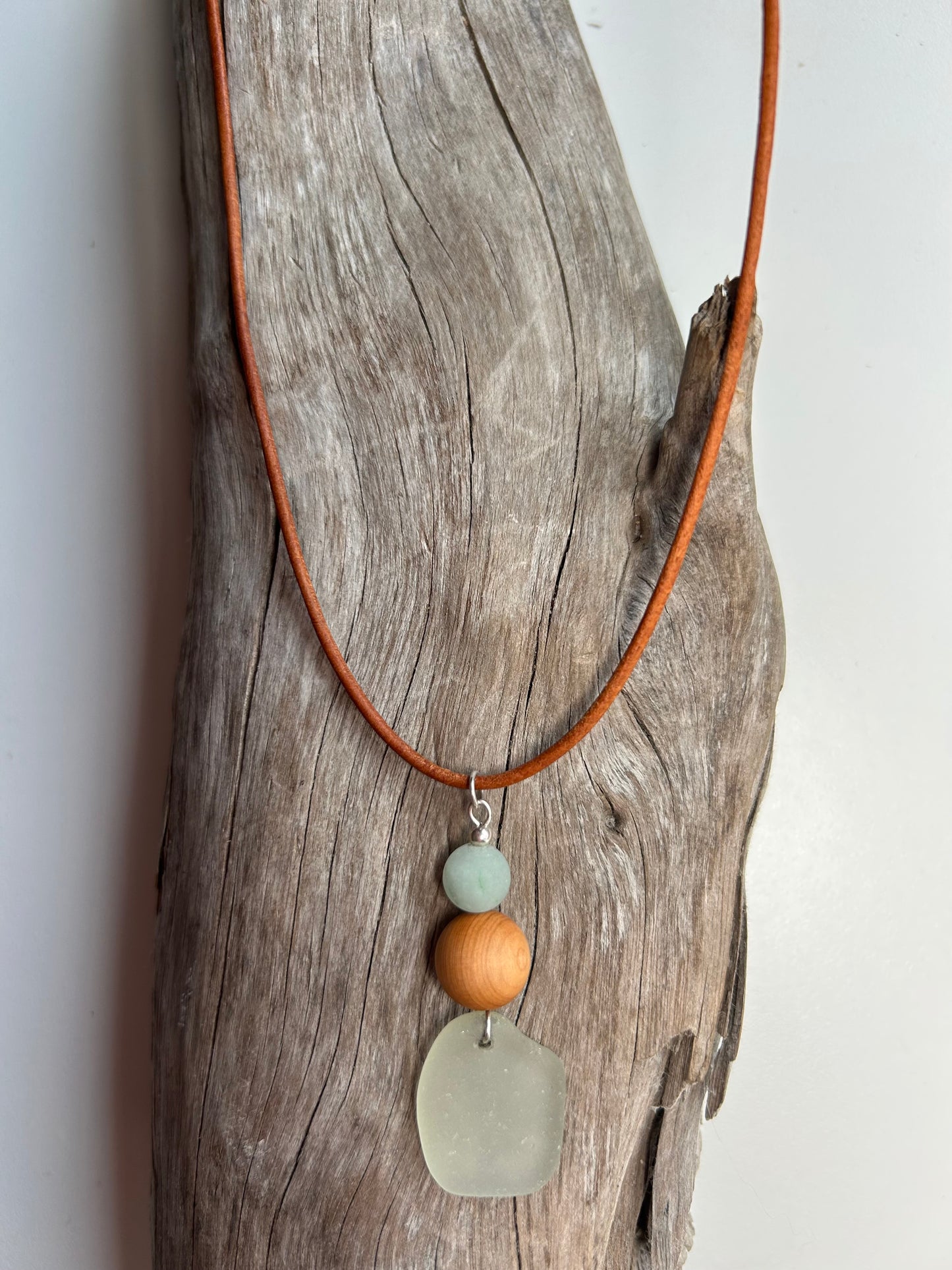 Genuine Sea Glass Lake Superior 24” Amazonite Pendant Genuine Leather Boho Zen Necklace