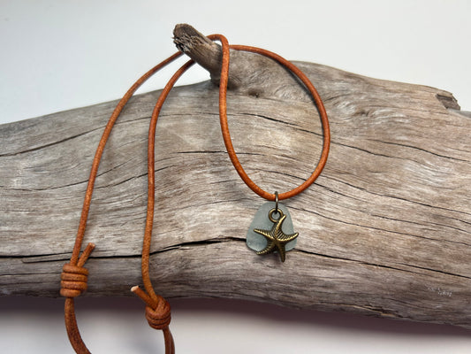 Genuine Lake Superior Sea Glass Genuine Leather Charm Zen Boho Adjustable Necklace