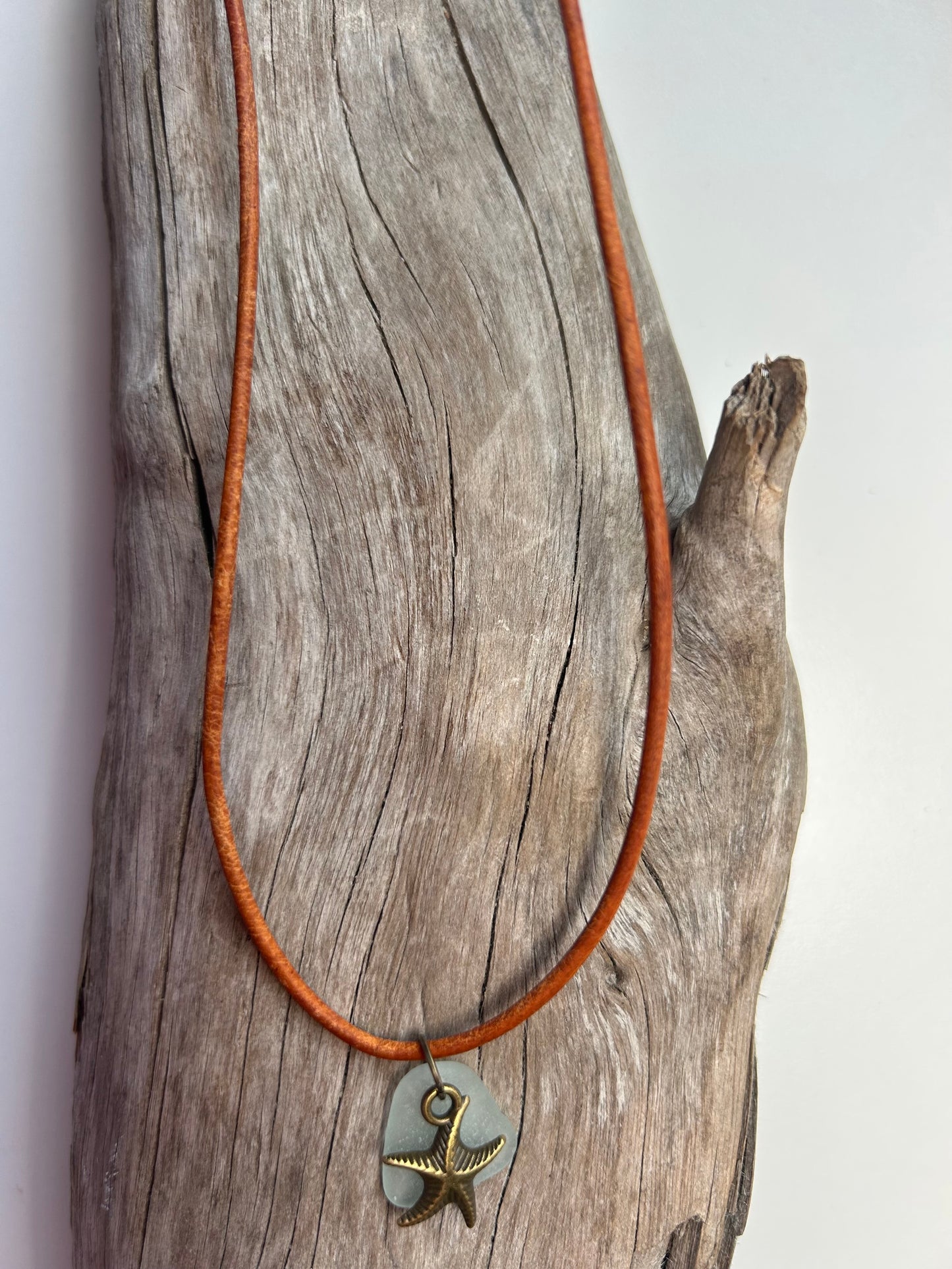 Genuine Lake Superior Sea Glass Genuine Leather Charm Zen Boho Adjustable Necklace