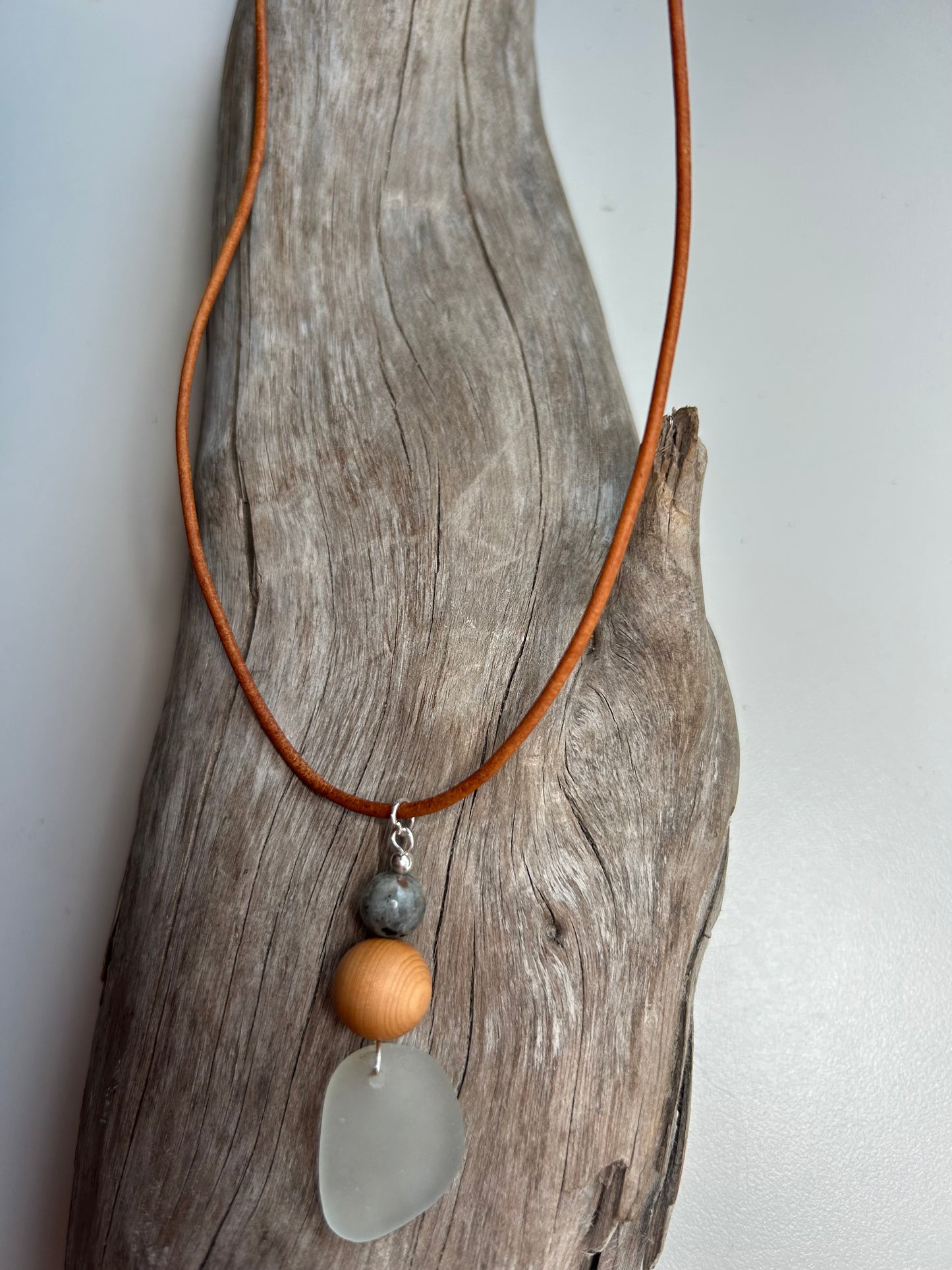 Genuine Sea Glass Lake Superior 24” Yooperlite UV Pendant Genuine Leather Boho Zen Necklace