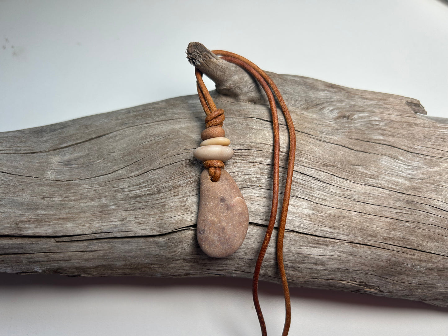 Lake Superior Genuine Leather Flat Cairn Stone Pebble Zen Boho Adjustable Necklace
