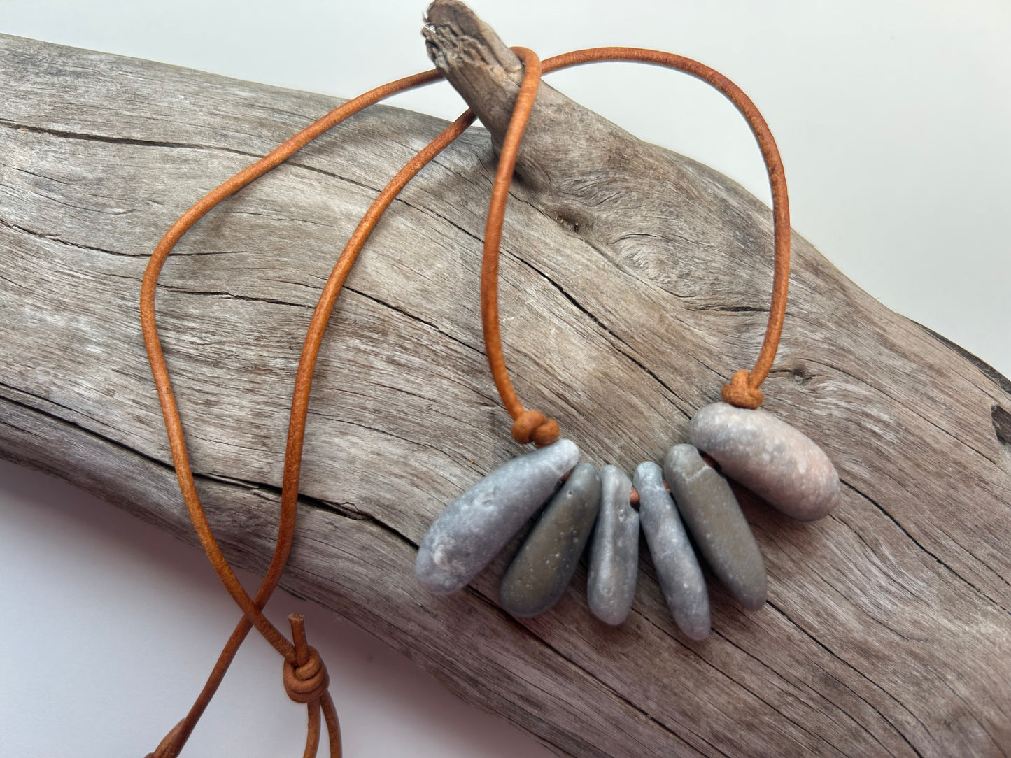 Lake Superior Genuine Leather Flat Cairn Stone Pebble Zen Boho Adjustable Necklace