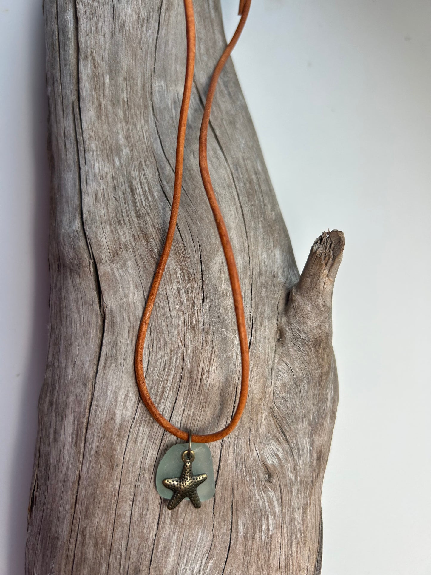 Genuine Lake Superior Sea Glass Genuine Leather Charm Zen Boho Adjustable Necklace