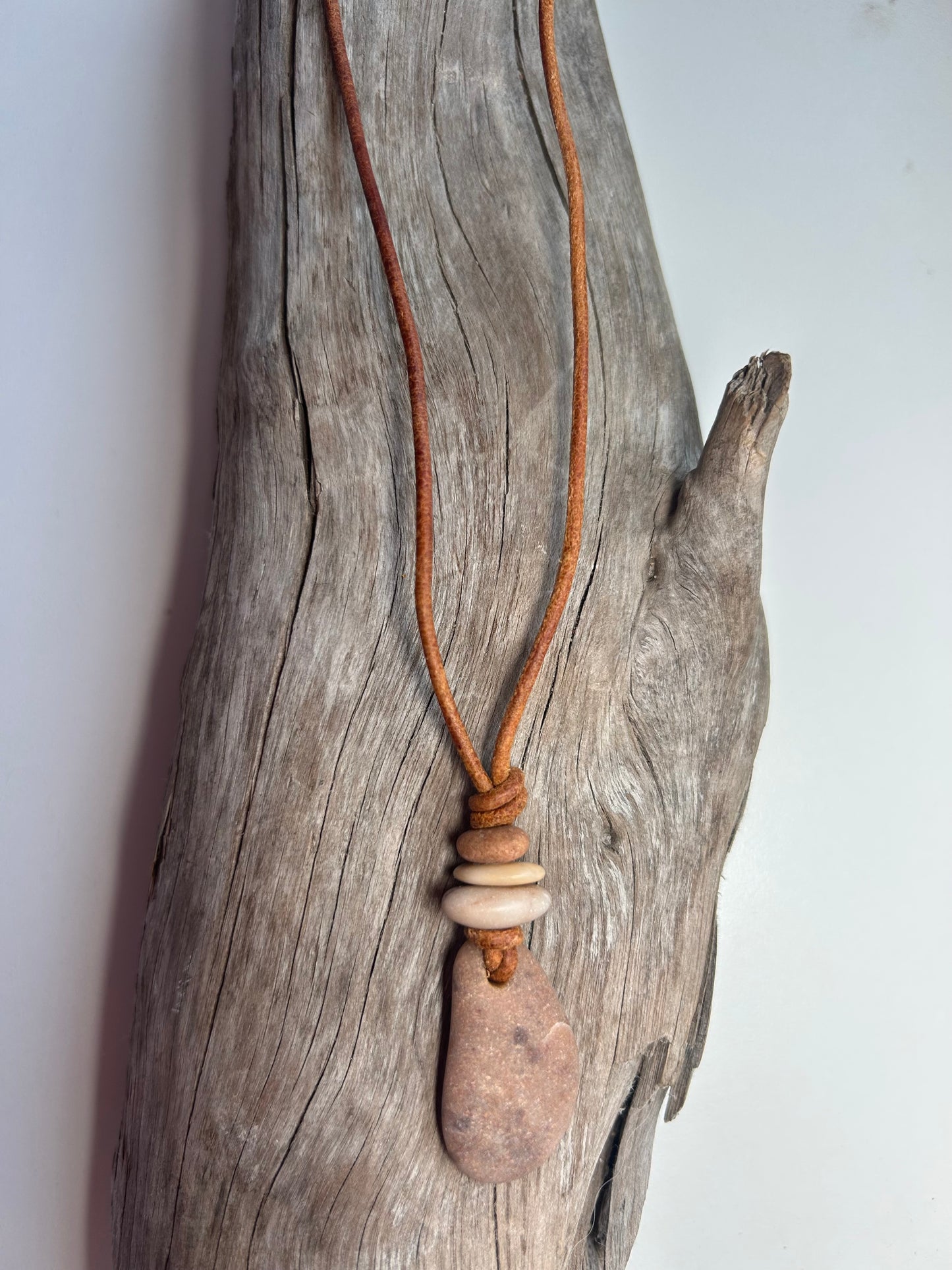 Lake Superior Genuine Leather Flat Cairn Stone Pebble Zen Boho Adjustable Necklace