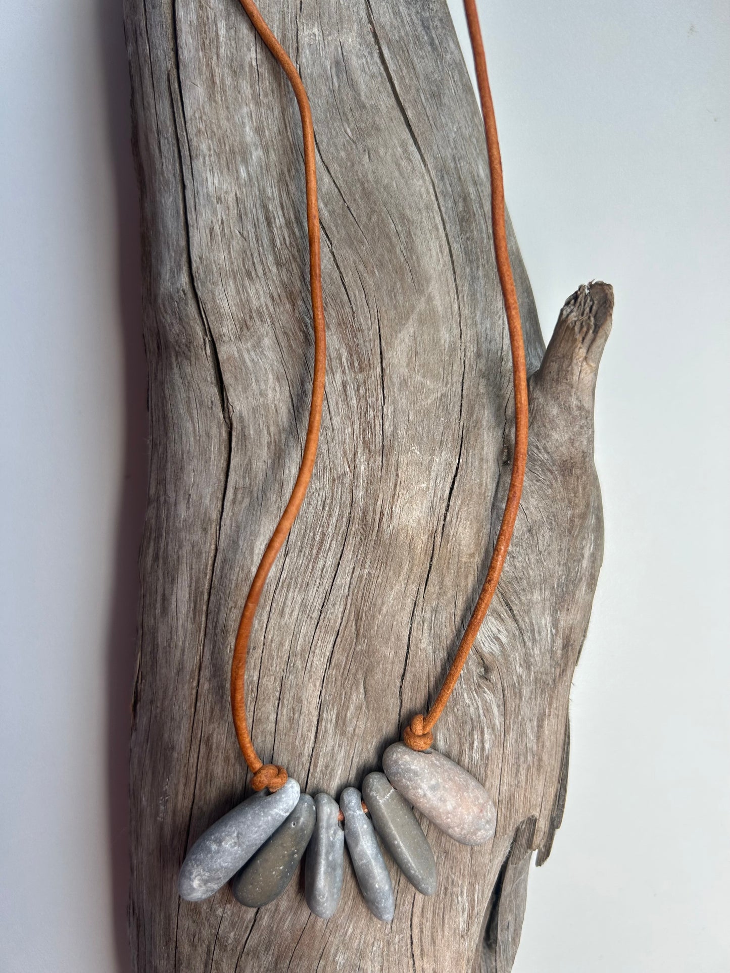 Lake Superior Genuine Leather Flat Cairn Stone Pebble Zen Boho Adjustable Necklace