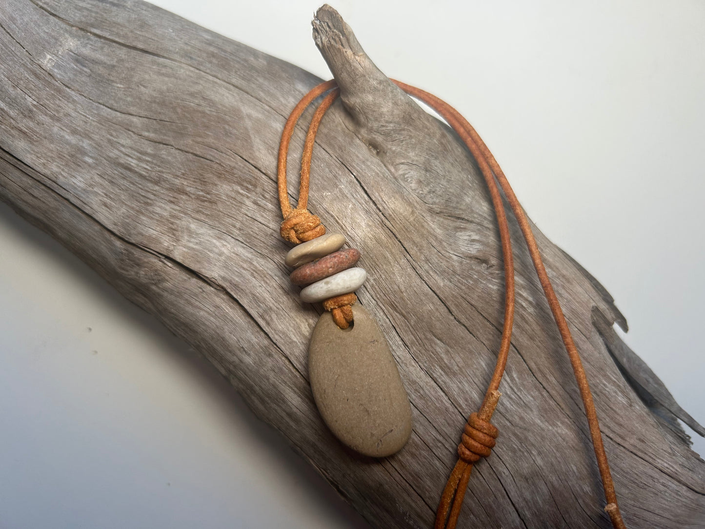 Lake Superior Genuine Leather Flat Cairn Stone Pebble Zen Boho Adjustable Necklace