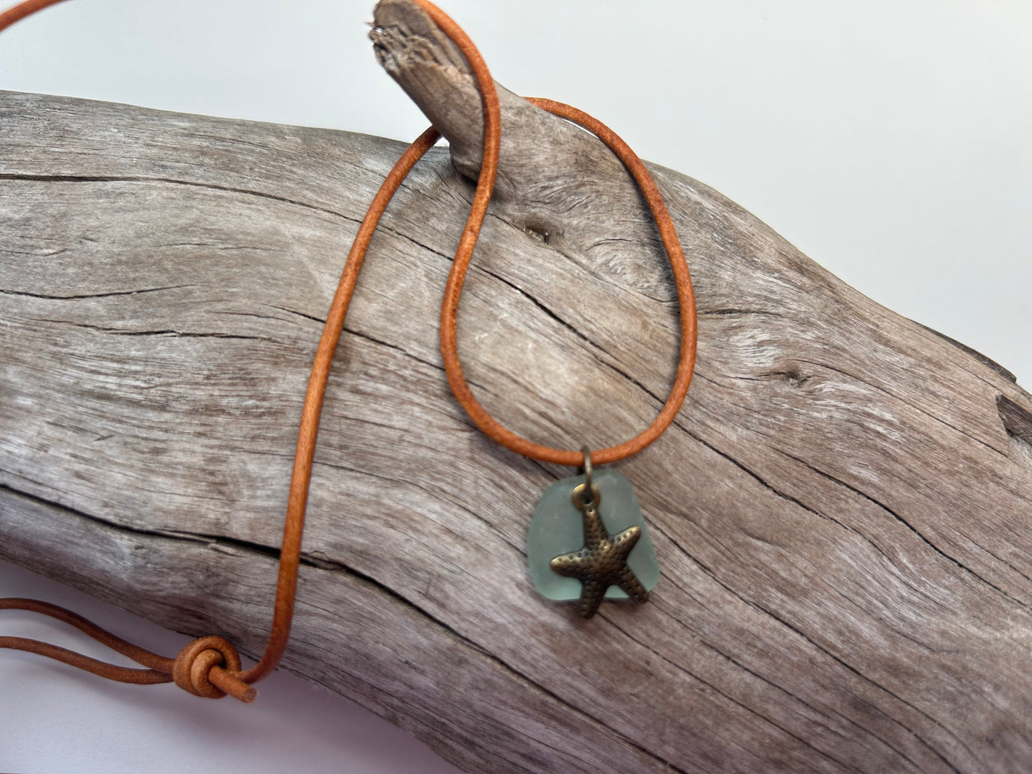 Genuine Lake Superior Sea Glass Genuine Leather Charm Zen Boho Adjustable Necklace