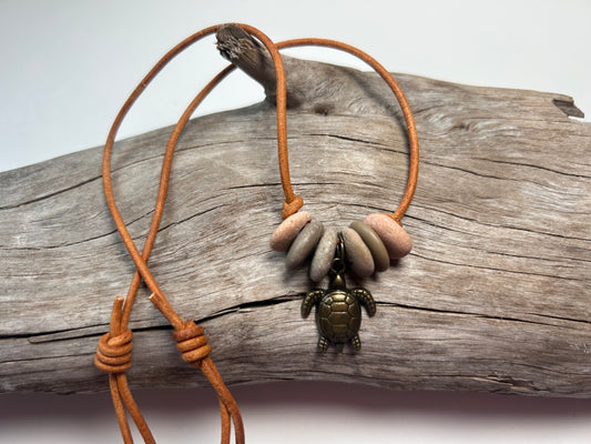Lake Superior Genuine Leather Flat Cairn Stone Pebble Charm Zen Boho Adjustable Necklace