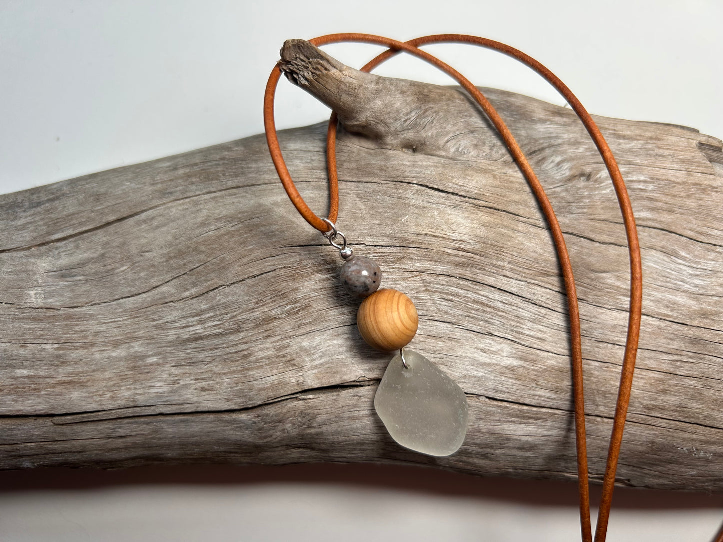 Genuine Sea Glass Lake Superior 24” Yooperlite UV Pendant Genuine Leather Boho Zen Necklace