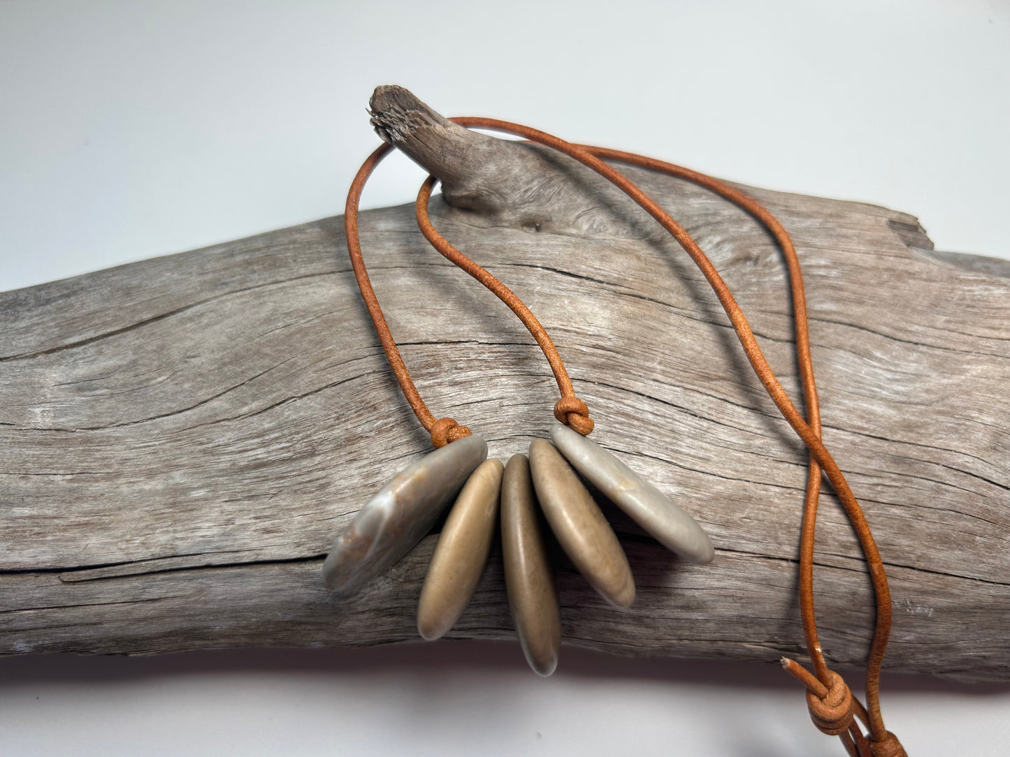 Lake Superior Genuine Leather Flat Cairn Stone Pebble Zen Boho Adjustable Necklace