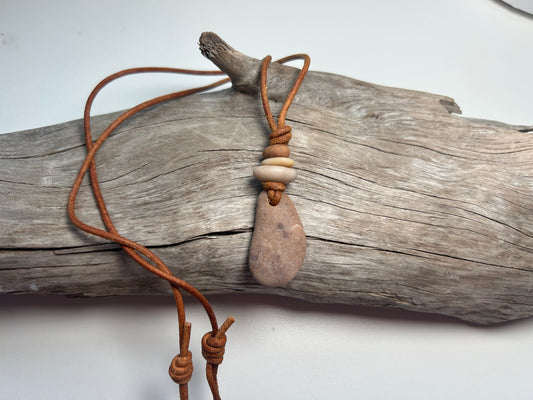 Lake Superior Genuine Leather Flat Cairn Stone Pebble Zen Boho Adjustable Necklace