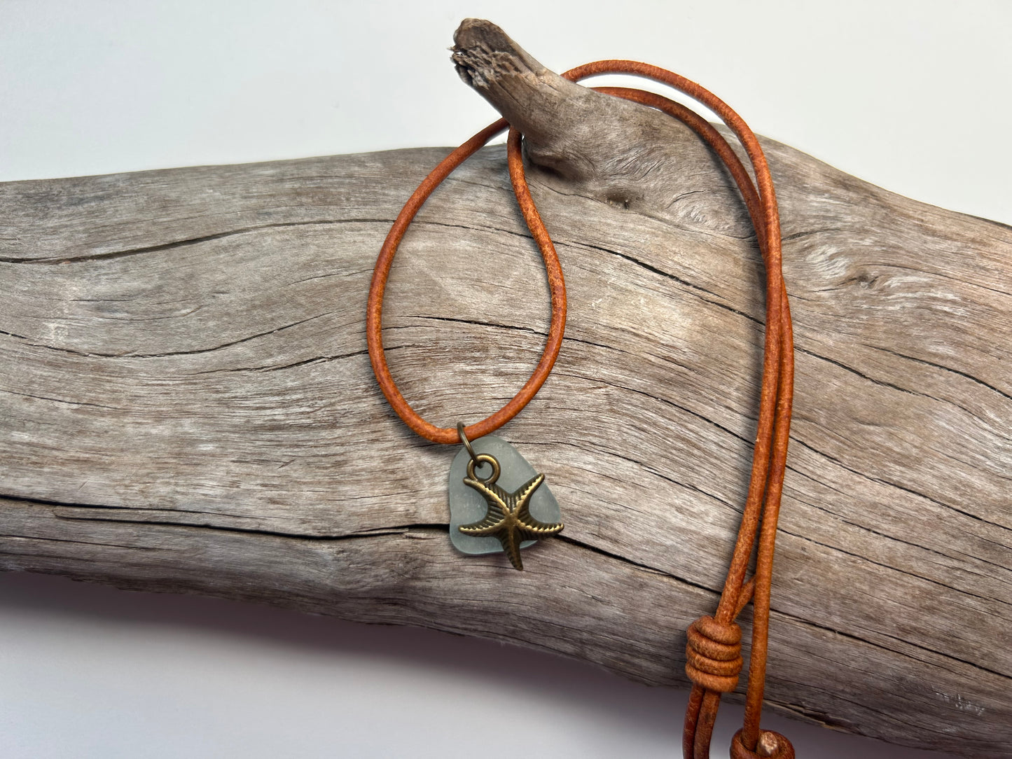 Genuine Lake Superior Sea Glass Genuine Leather Charm Zen Boho Adjustable Necklace
