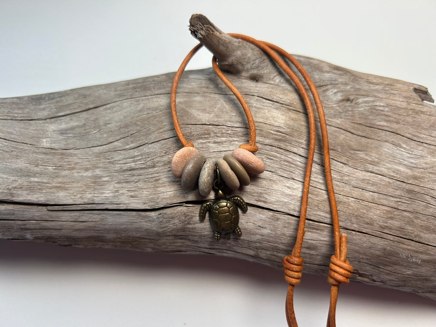 Lake Superior Genuine Leather Flat Cairn Stone Pebble Charm Zen Boho Adjustable Necklace