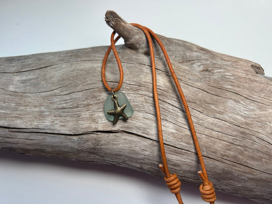 Genuine Lake Superior Sea Glass Genuine Leather Charm Zen Boho Adjustable Necklace