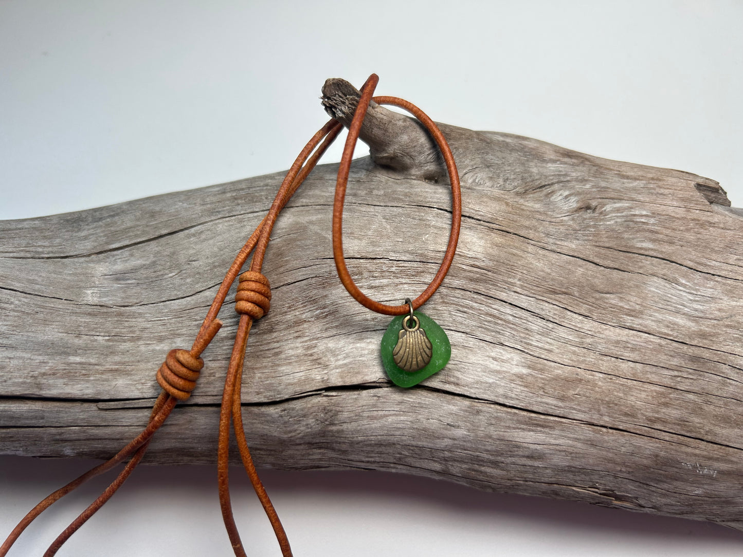 Genuine Lake Superior Sea Glass Genuine Leather Charm Zen Boho Adjustable Necklace