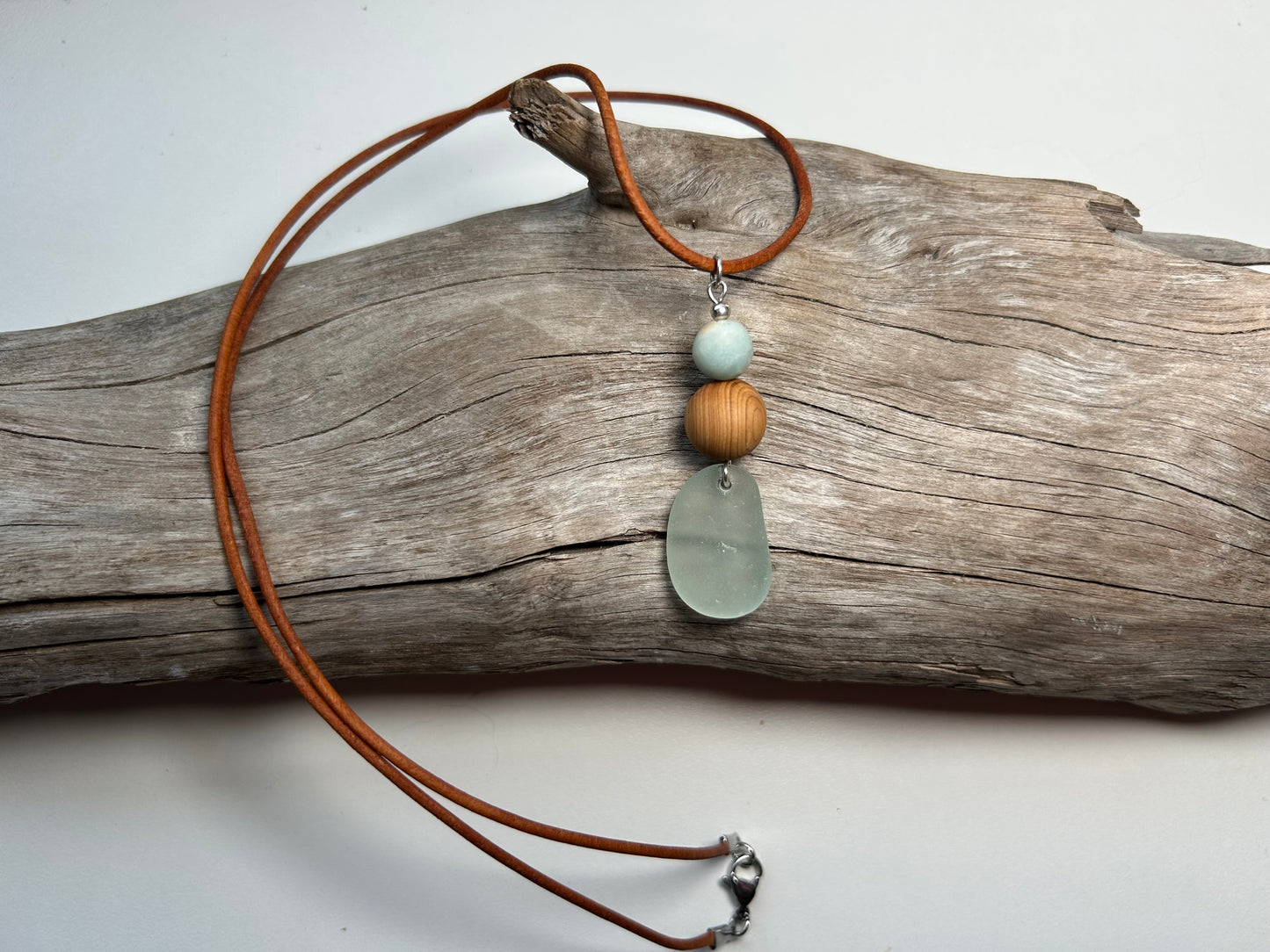 Genuine Sea Glass Lake Superior 24” Amazonite Pendant Genuine Leather Boho Zen Necklace