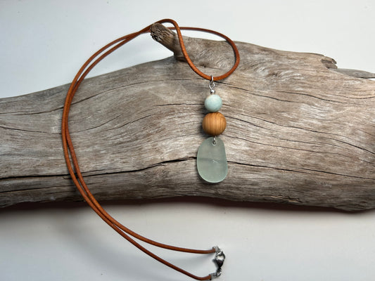 Genuine Sea Glass Lake Superior 24” Amazonite Pendant Genuine Leather Boho Zen Necklace