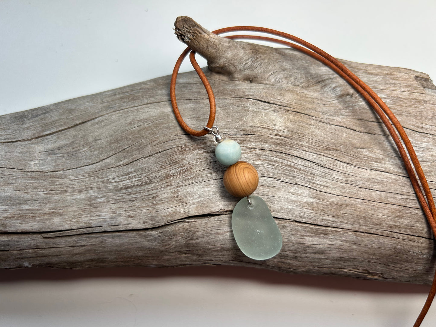 Genuine Sea Glass Lake Superior 24” Amazonite Pendant Genuine Leather Boho Zen Necklace