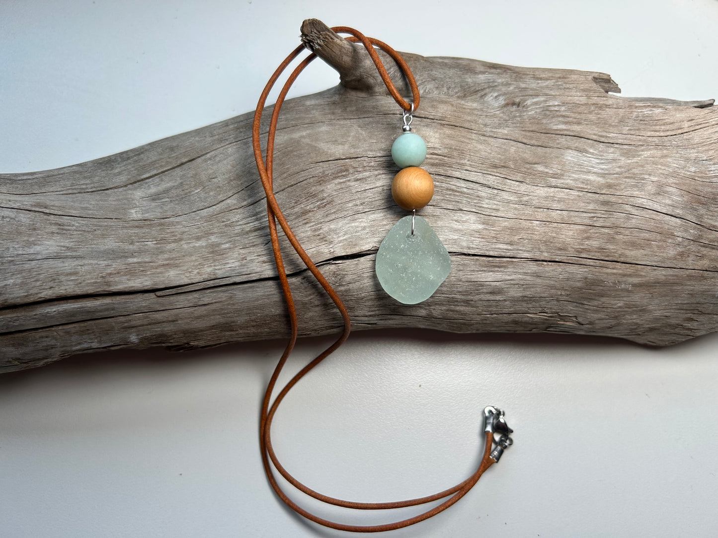 Genuine Sea Glass Lake Superior 24” Amazonite Pendant Genuine Leather Boho Zen Necklace