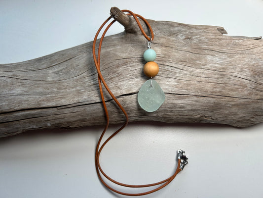 Genuine Sea Glass Lake Superior 24” Amazonite Pendant Genuine Leather Boho Zen Necklace