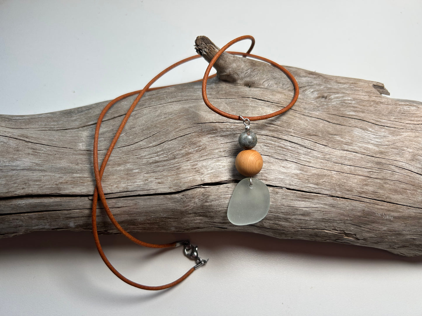 Genuine Sea Glass Lake Superior 24” Yooperlite UV Pendant Genuine Leather Boho Zen Necklace