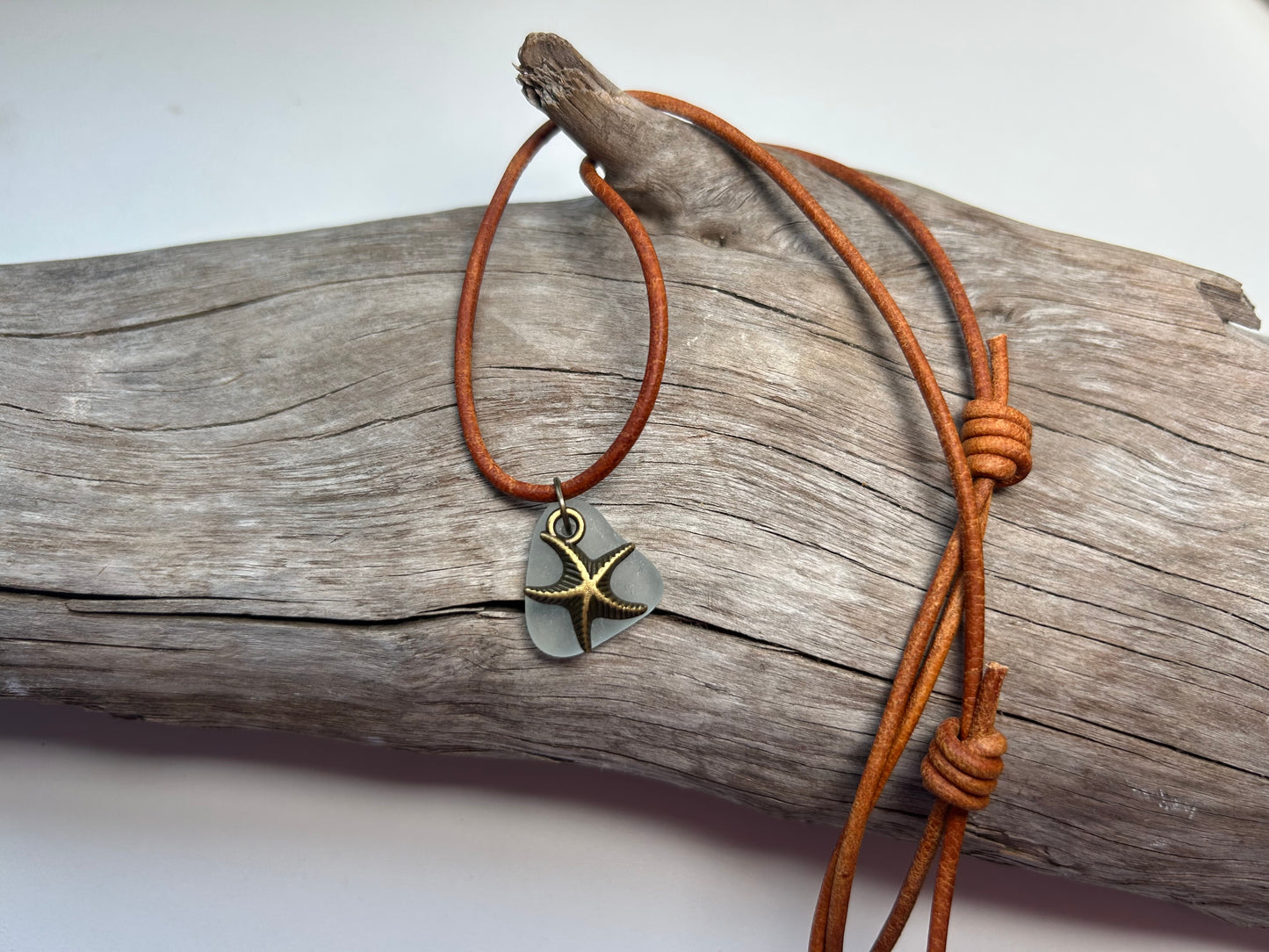Genuine Lake Superior Sea Glass Genuine Leather Charm Zen Boho Adjustable Necklace
