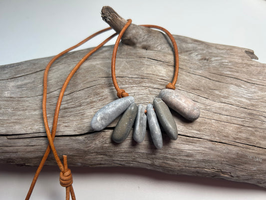 Lake Superior Genuine Leather Flat Cairn Stone Pebble Zen Boho Adjustable Necklace