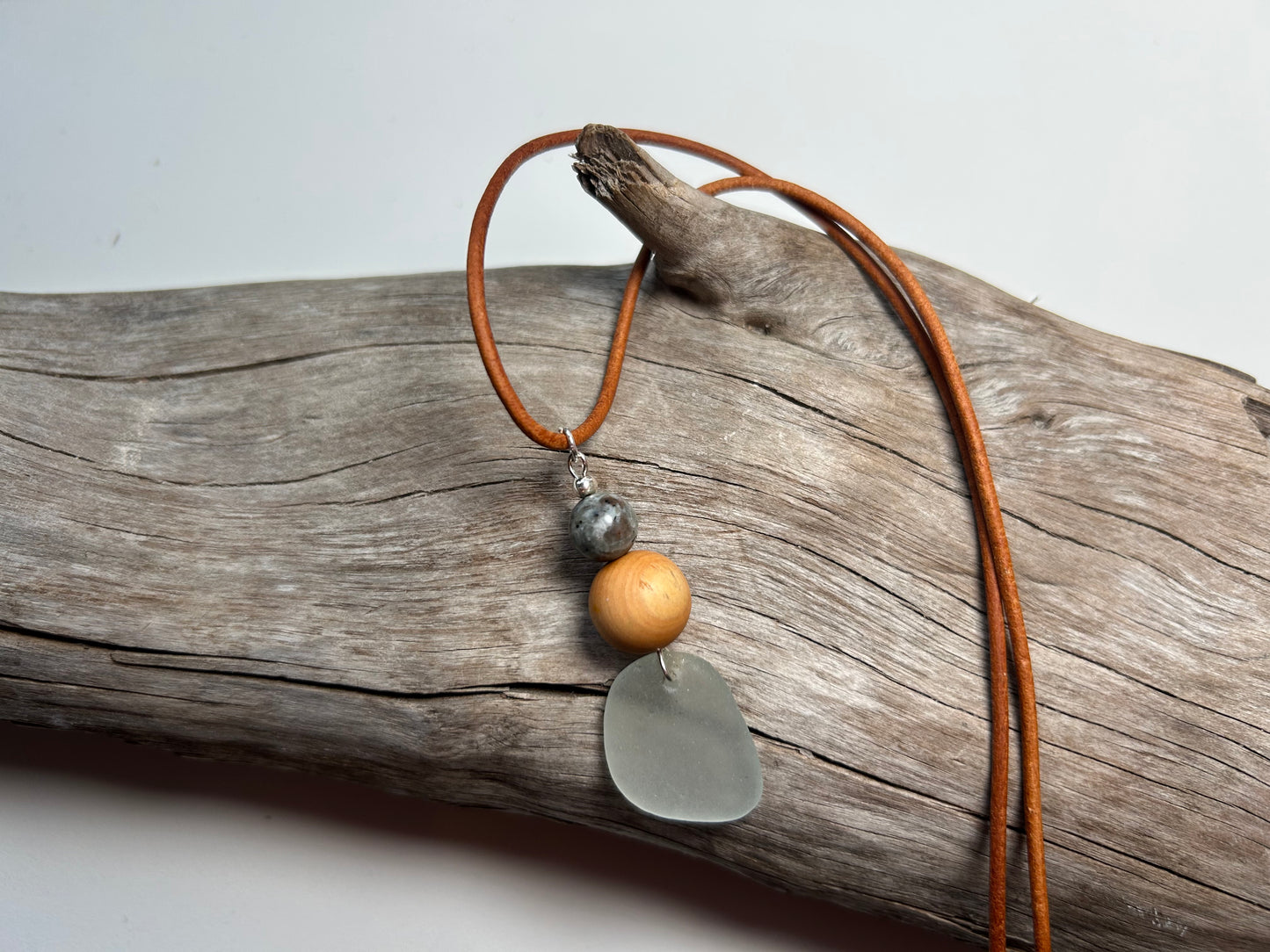 Genuine Sea Glass Lake Superior 24” Yooperlite UV Pendant Genuine Leather Boho Zen Necklace