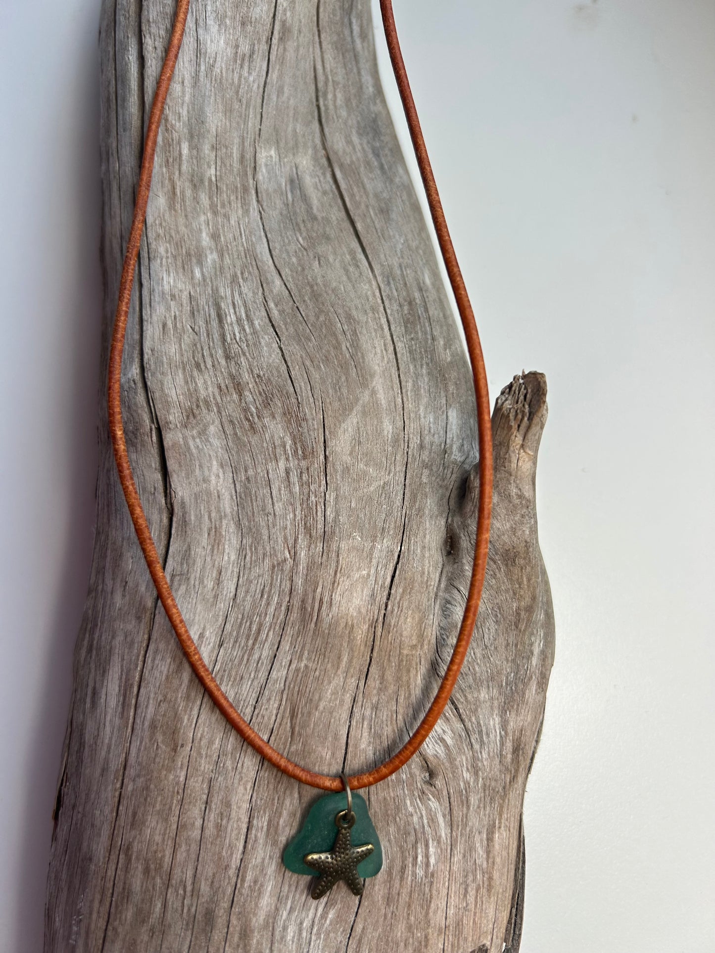 Genuine Lake Superior Sea Glass Genuine Leather Charm Zen Boho Adjustable Necklace