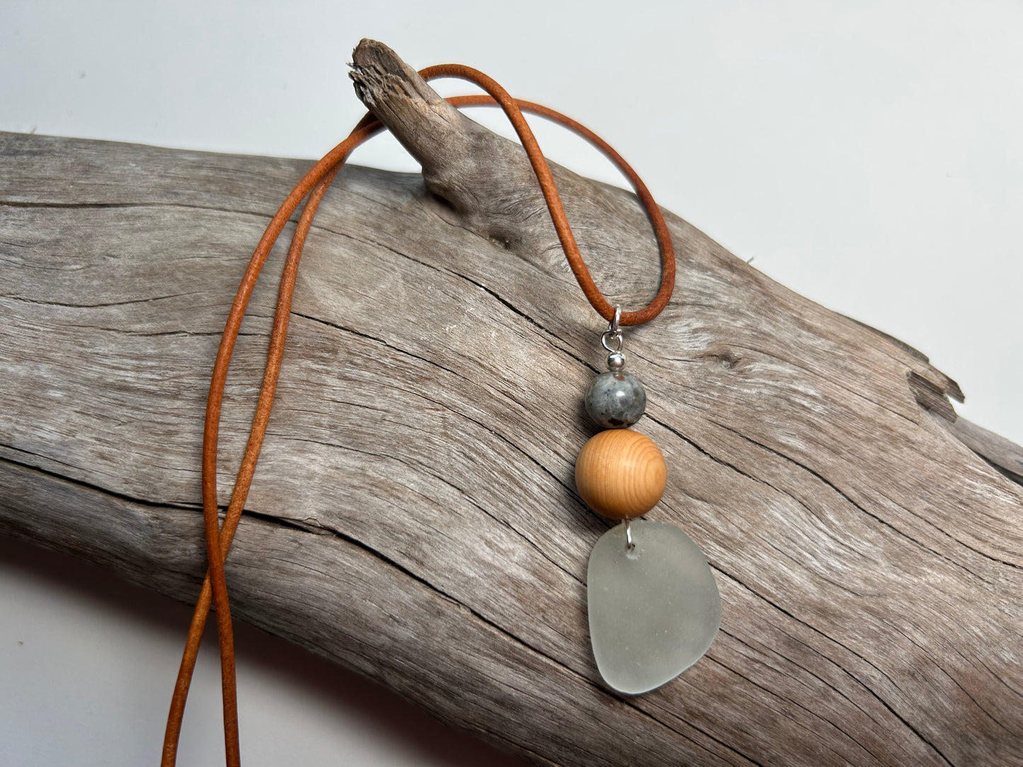 Genuine Sea Glass Lake Superior 24” Yooperlite UV Pendant Genuine Leather Boho Zen Necklace