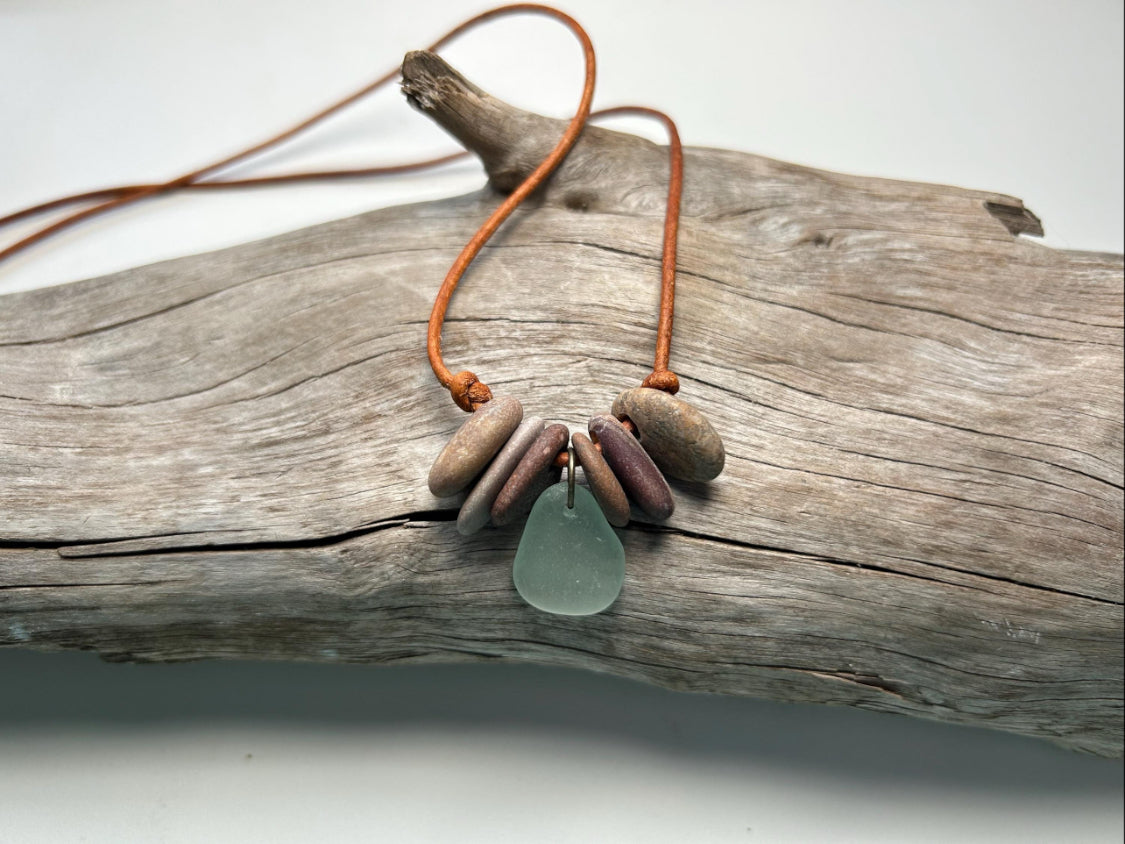 Lake Superior Genuine Leather Flat Cairn Stone Pebble Charm Zen Boho Adjustable Necklace