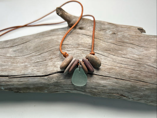 Lake Superior Genuine Leather Flat Cairn Stone Pebble Charm Zen Boho Adjustable Necklace