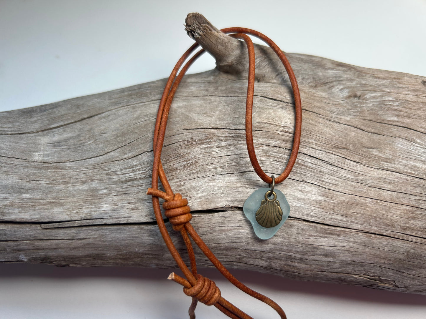 Genuine Lake Superior Sea Glass Genuine Leather Charm Zen Boho Adjustable Necklace