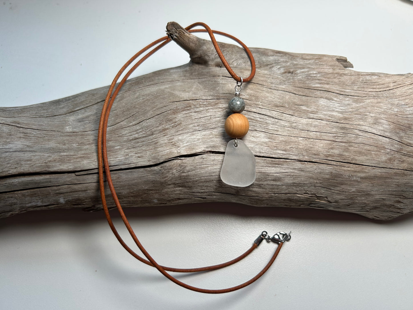 Genuine Sea Glass Lake Superior 24” Yooperlite UV Pendant Genuine Leather Boho Zen Necklace