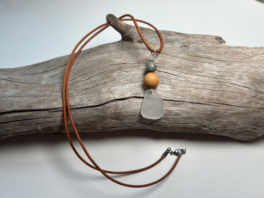 Genuine Sea Glass Lake Superior 24” Yooperlite UV Pendant Genuine Leather Boho Zen Necklace