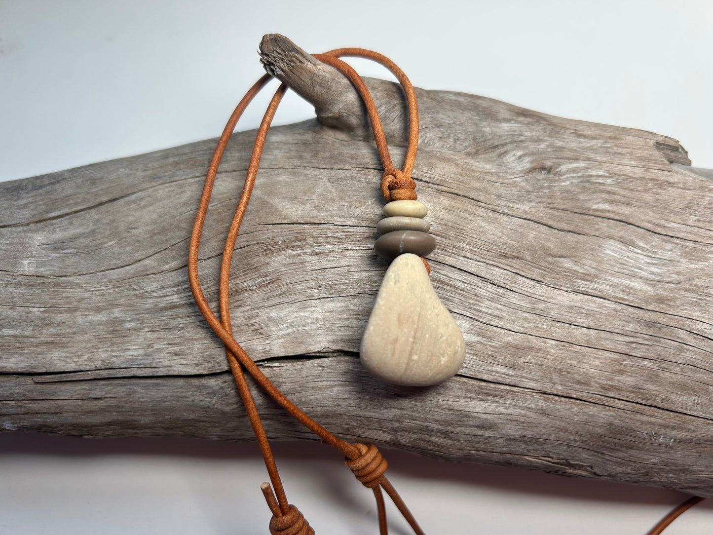 Lake Superior Genuine Leather Flat Cairn Stone Pebble Zen Boho Adjustable Necklace