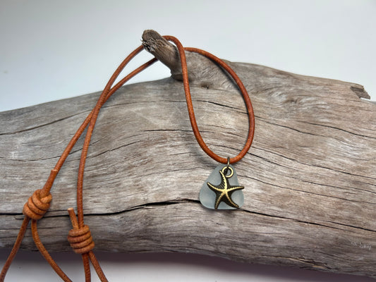 Genuine Lake Superior Sea Glass Genuine Leather Charm Zen Boho Adjustable Necklace