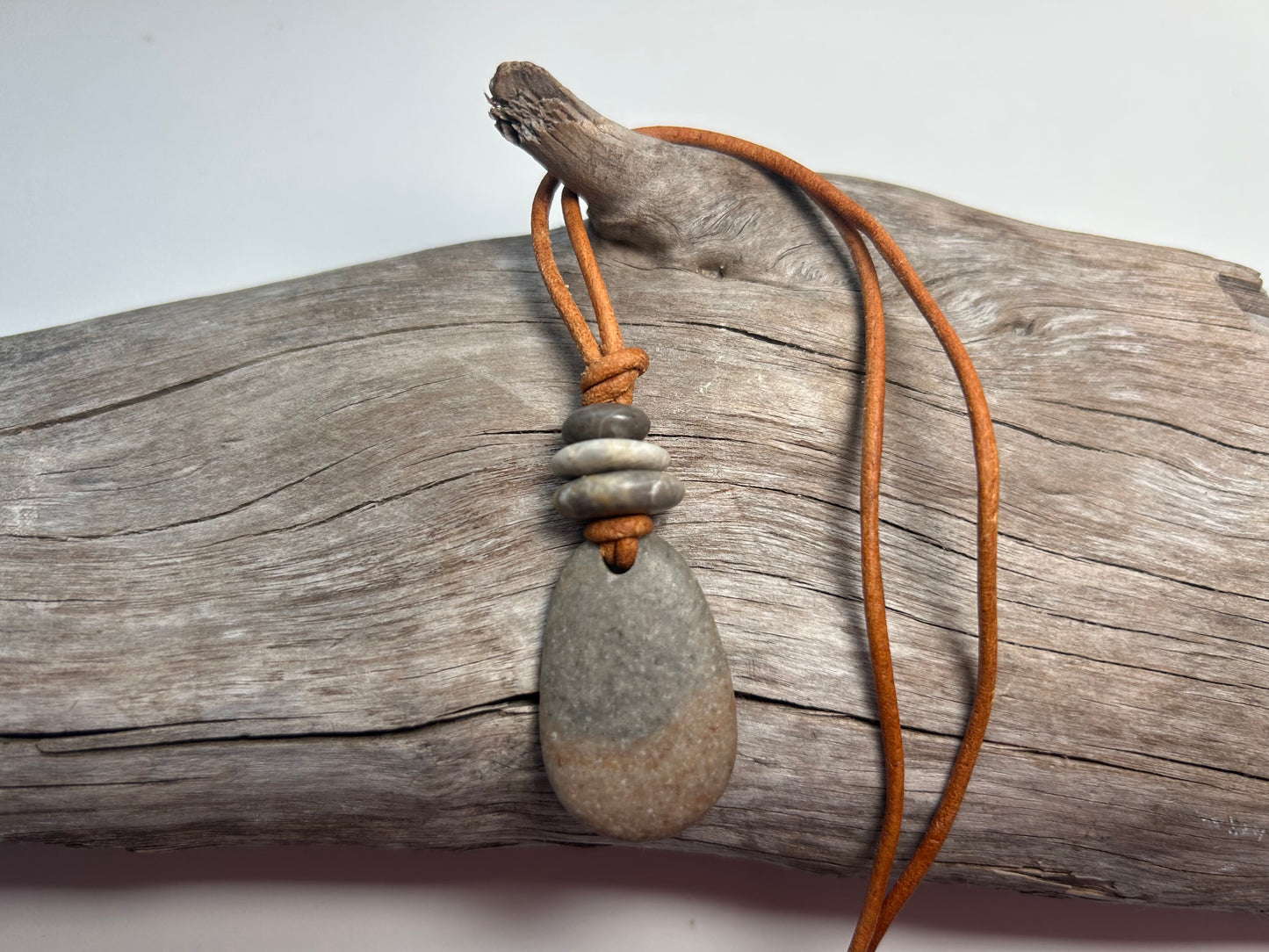 Lake Superior Genuine Leather Flat Cairn Stone Pebble Zen Boho Adjustable Necklace