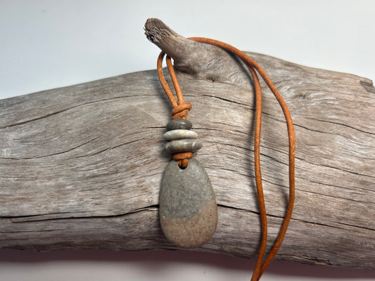 Lake Superior Genuine Leather Flat Cairn Stone Pebble Zen Boho Adjustable Necklace