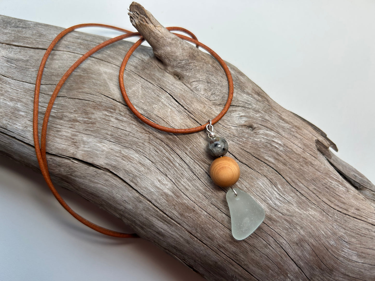 Genuine Sea Glass Lake Superior 24” Yooperlite UV Pendant Genuine Leather Boho Zen Necklace