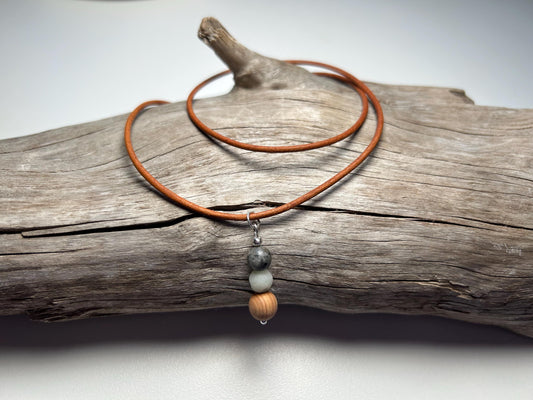 Lake Superior Yooperlite Amazonite UV Pendant Genuine Leather Stainless Steel Boho Zen Necklace