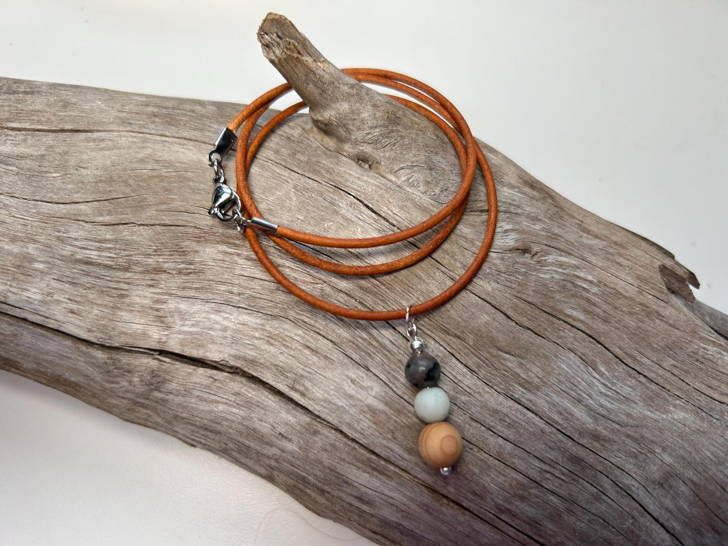 Lake Superior Yooperlite Amazonite UV Pendant Genuine Leather Stainless Steel Boho Zen Necklace