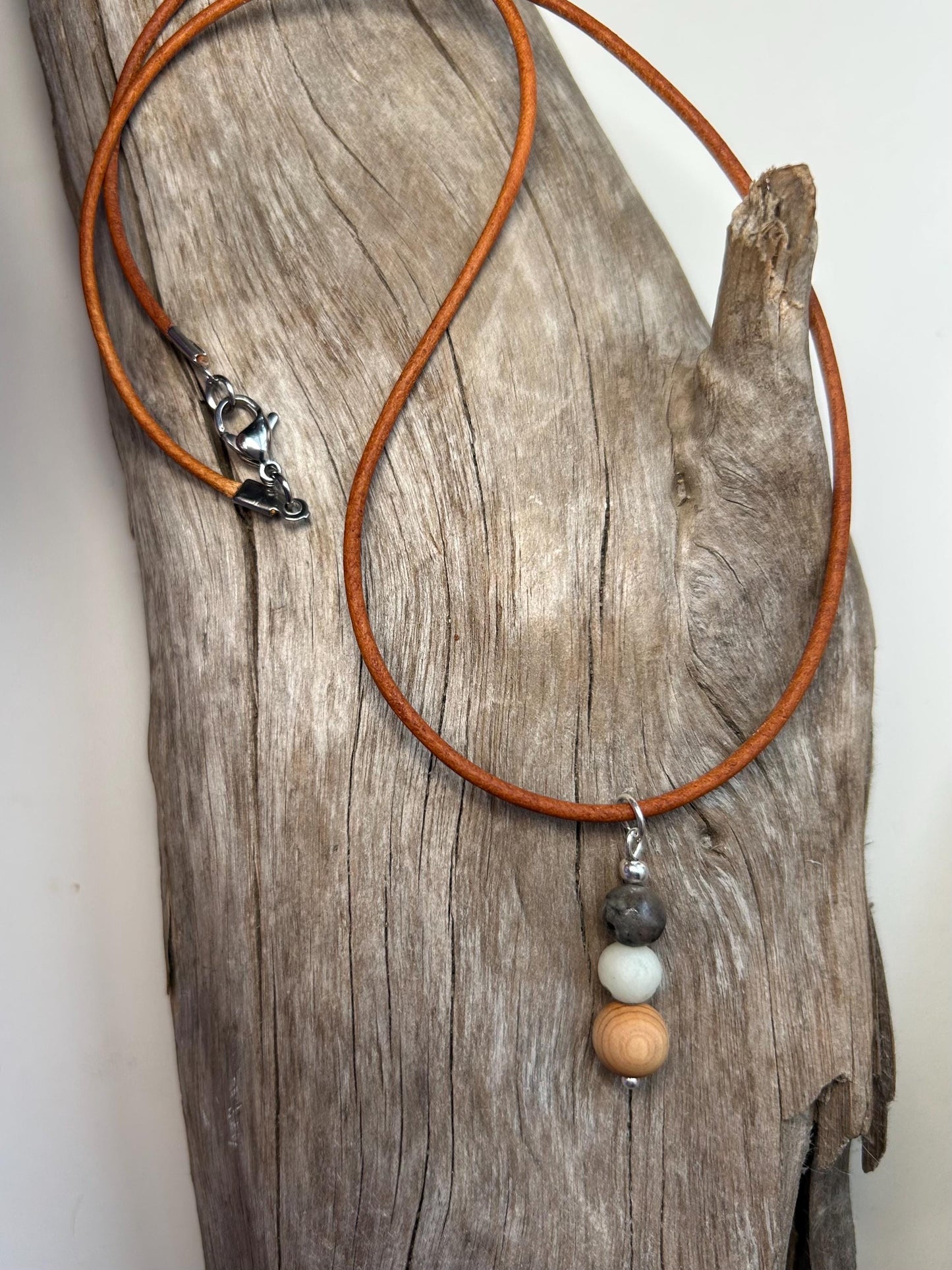 Lake Superior Yooperlite Amazonite UV Pendant Genuine Leather Stainless Steel Boho Zen Necklace