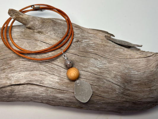 Genuine Sea Glass Lake Superior 24” Yooperlite UV Pendant Genuine Leather Boho Zen Necklace