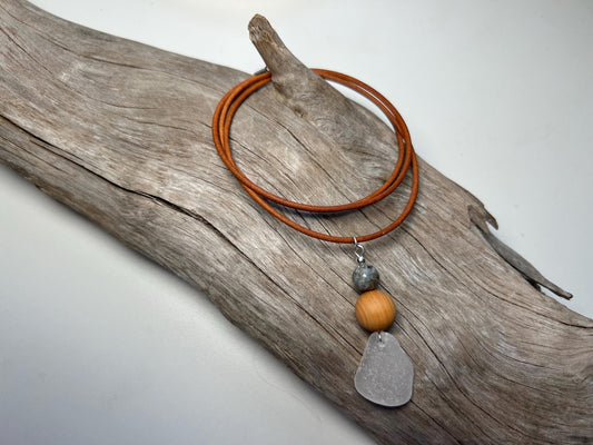 Genuine Sea Glass Lake Superior 24” Yooperlite UV Pendant Genuine Leather Boho Zen Necklace